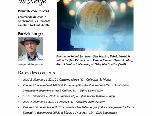 2 to 16 december 2021 (concert tour)- First performanceCHANTS DE NEIGE for 16 voicesChamber choir Les ElementsAlbum release in december 2022